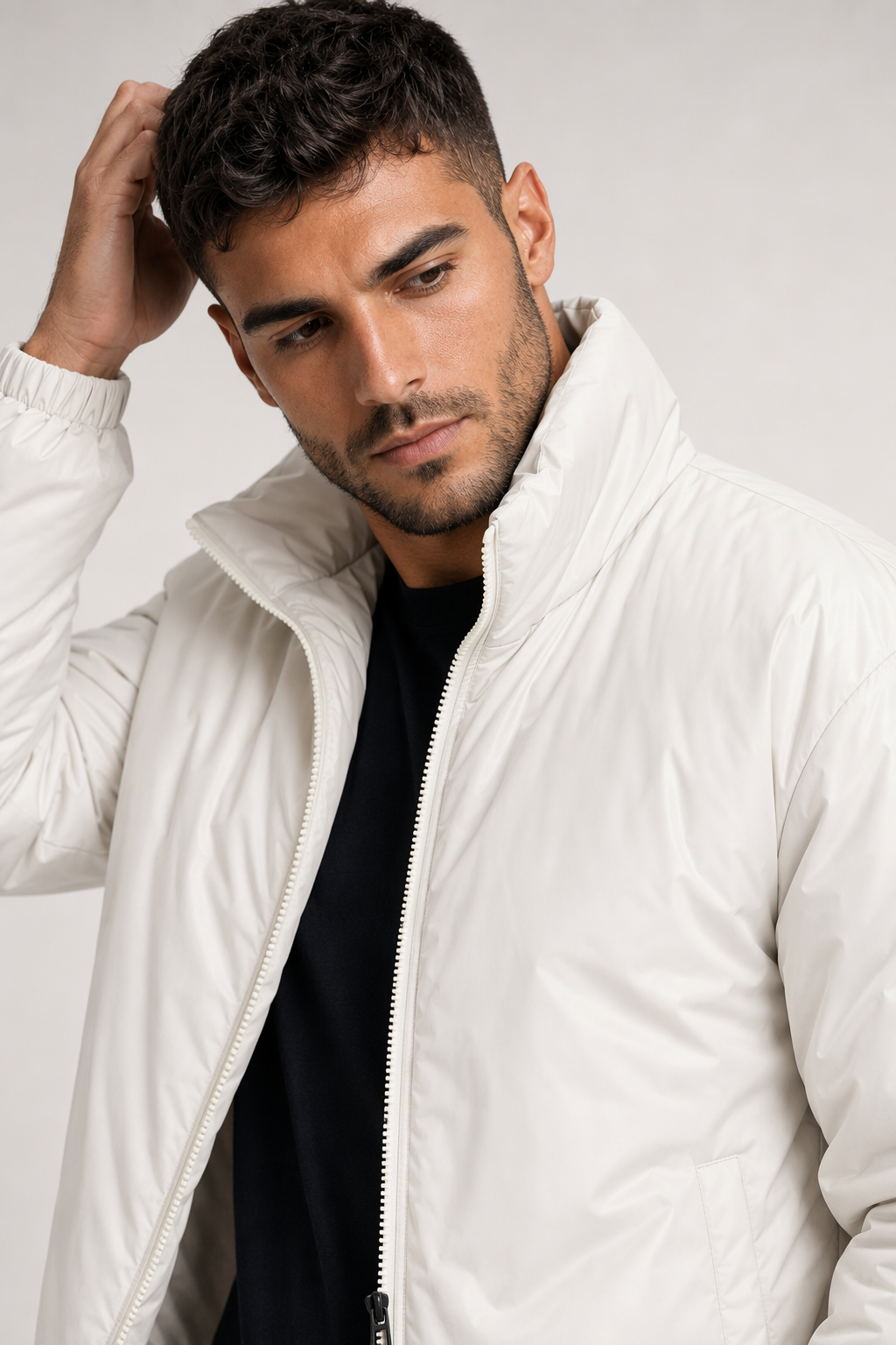 Quilted High Collar Men's Jacket White