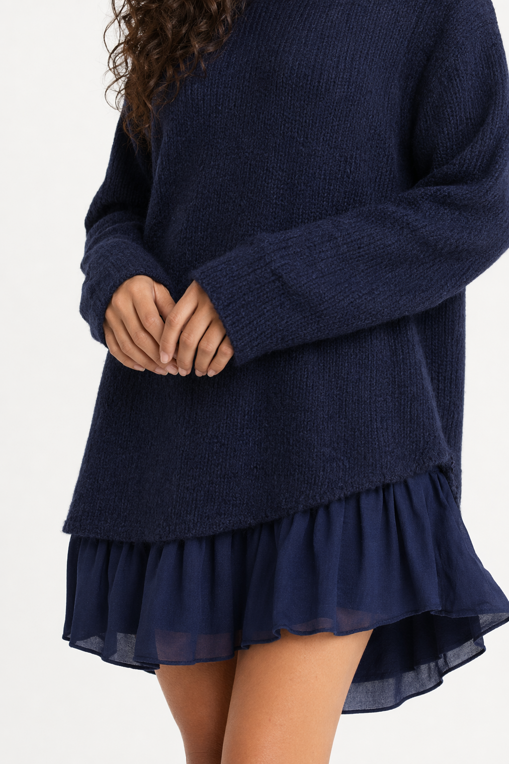 Navy Blue Layered Sweater Tunic Dress with Ruffle Detail for Women Default