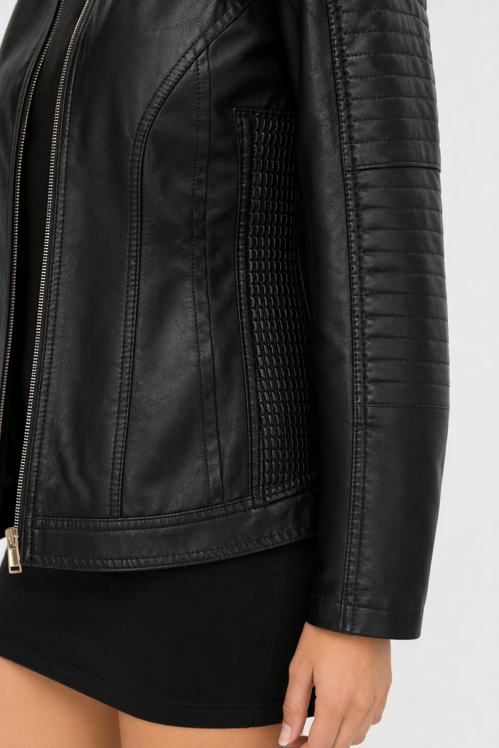 Faux Leather Hooded Jacket with Plush Interior Black