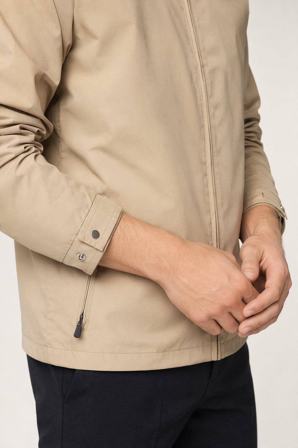 Windproof Hooded Jacket for Men with Elevated Collar Khaki