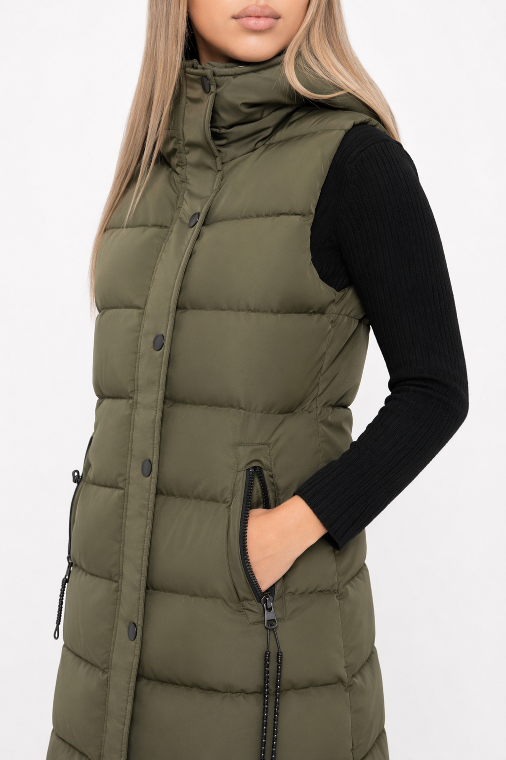 Army Green Puffer Vest with High Collar and Hood for Women's Winter Wear Default