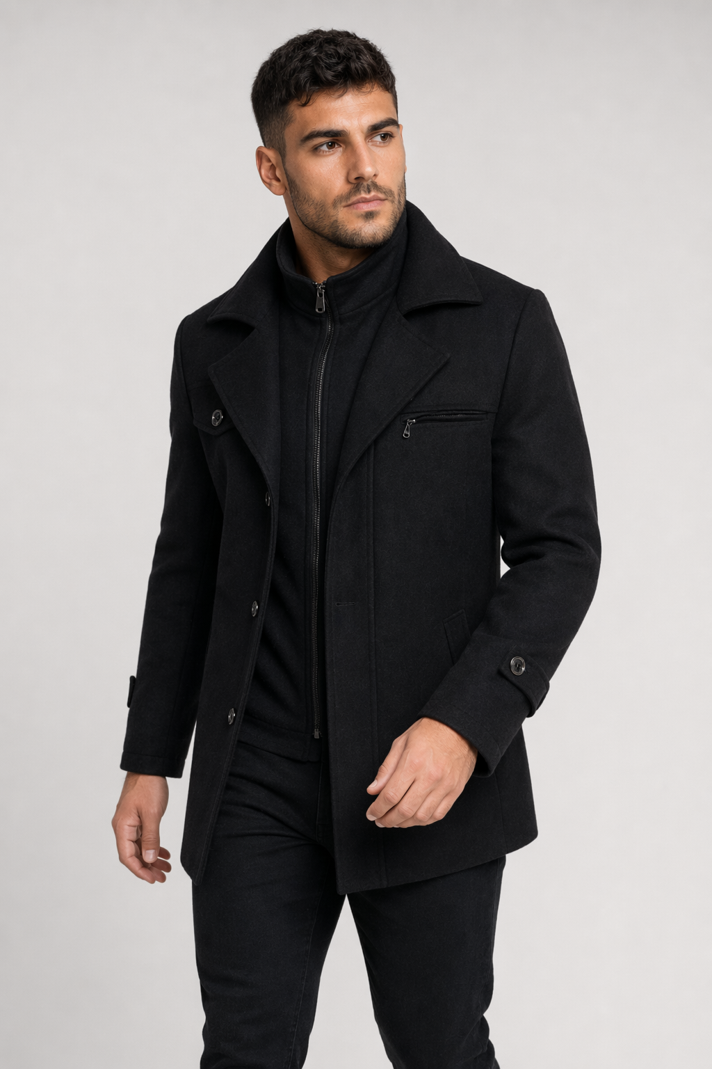 Military Style Men's Coat with Layered Collar and Button Front Black