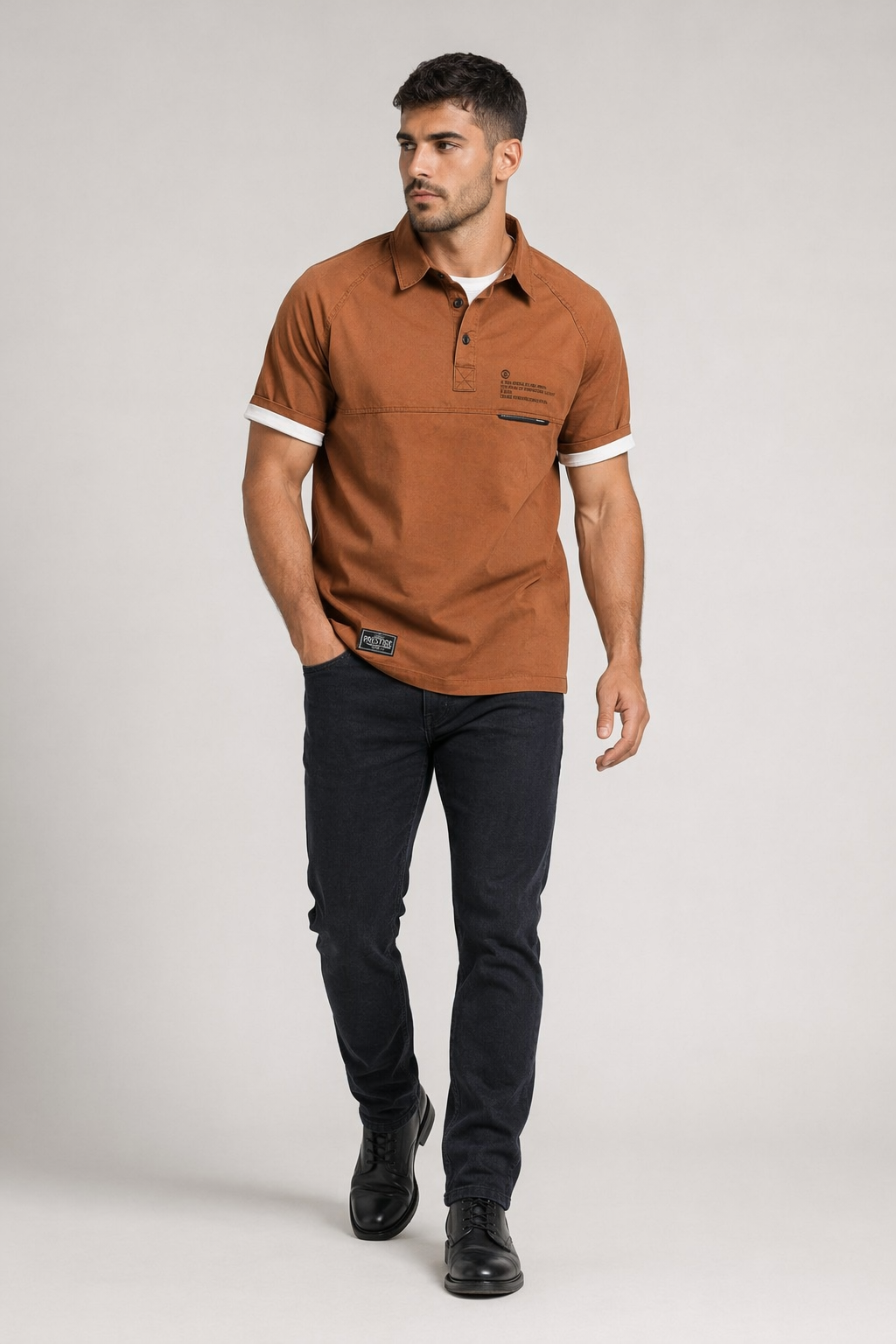 Short Sleeve Popover Shirt for Men Brown