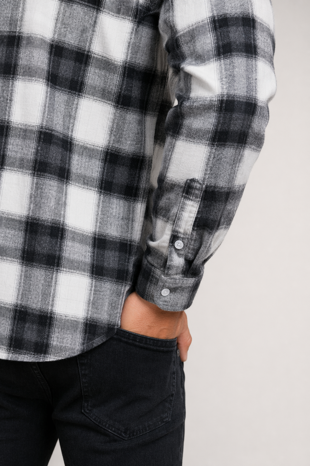 Gray Plaid Button-Up Casual Shirt for Men with Long Sleeves Default