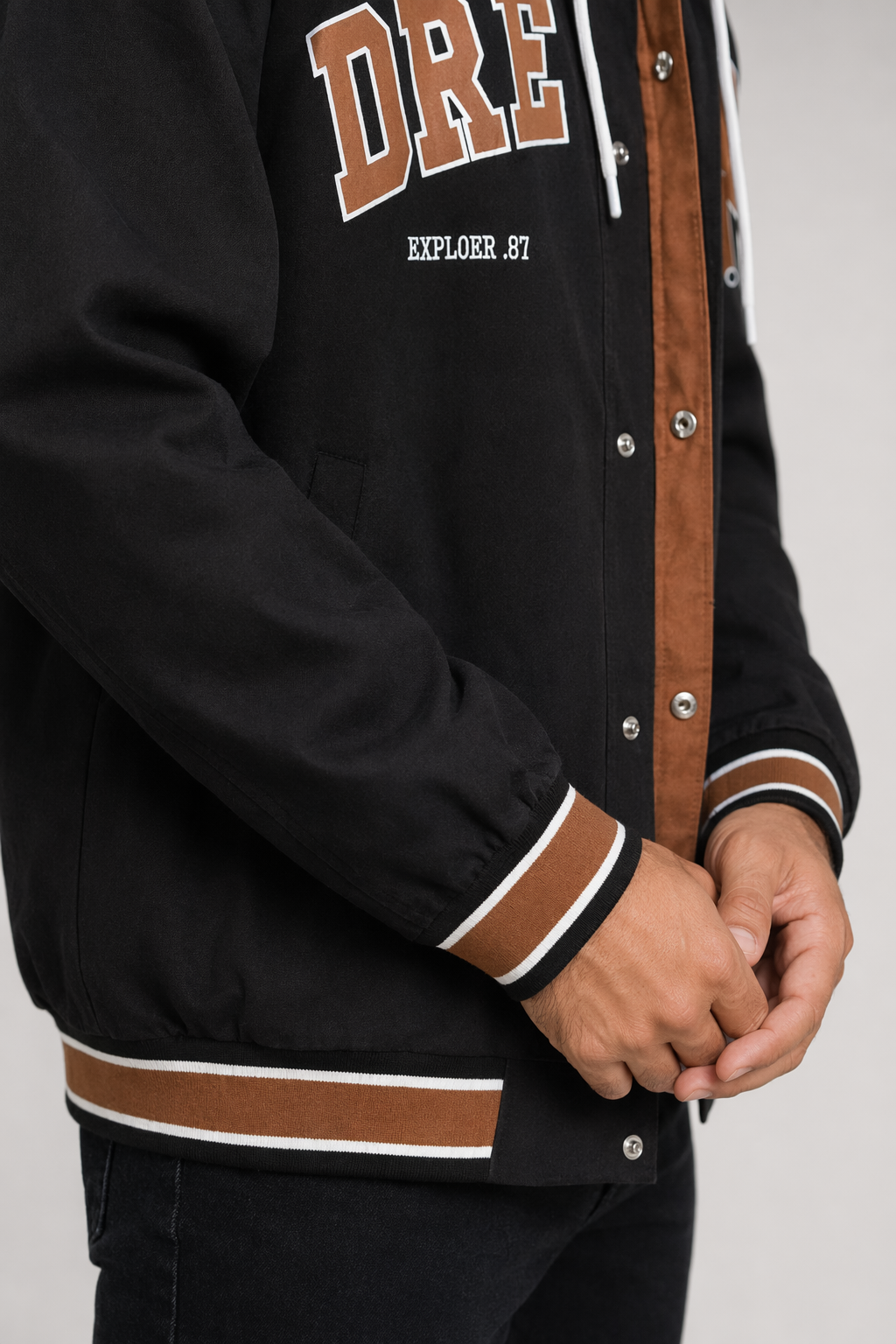 Layered Appearance Men's Baseball Jacket Featuring a Hood Black