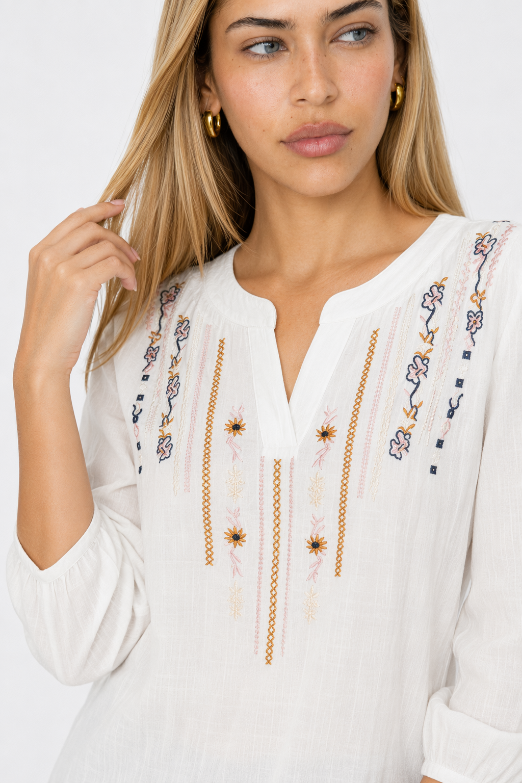 Embroidered Quarter Sleeve Women's V-neck Blouse Default