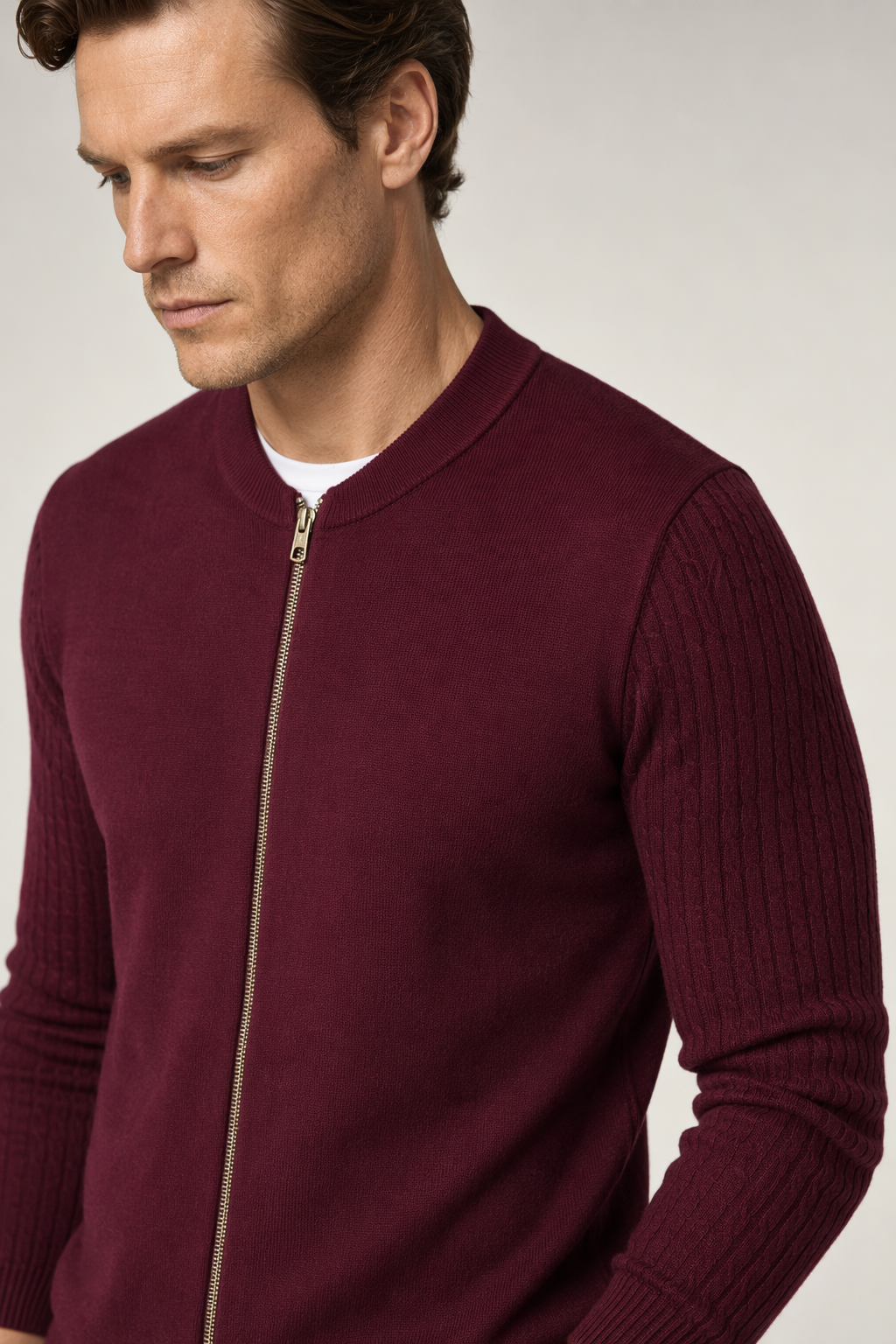 Zip Up Men's Cardigan with Round Neck Wine