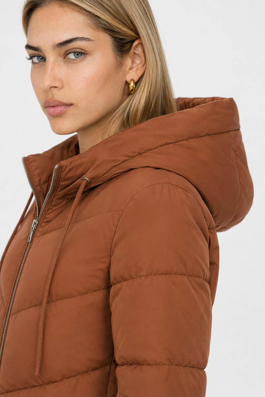 Brown Long Hooded Puffer Coat for Women with a Classic Look Default