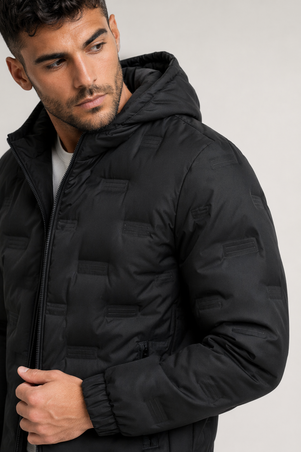 Hooded Puffer Jacket for Men with Zipper Closure Black