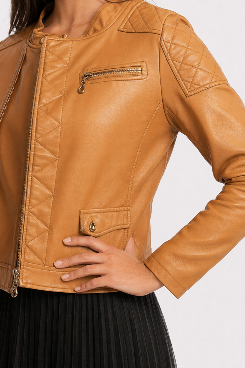 Quilted Faux Leather Jacket for Women Camel