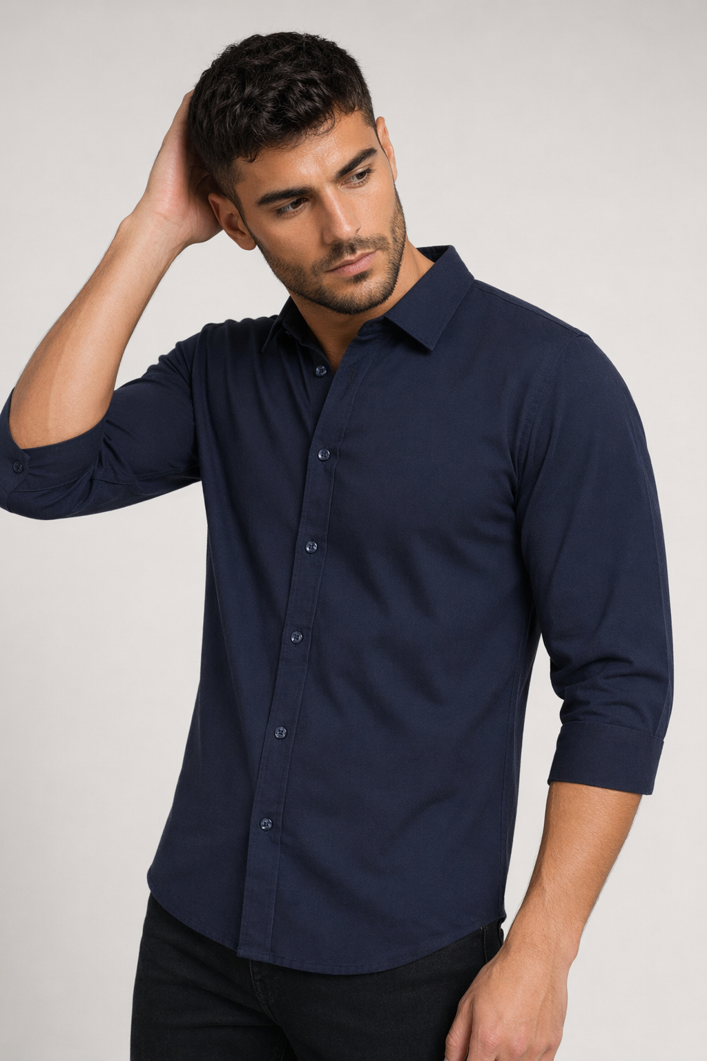 Button-Up Shirt for Men with Three-Quarter Sleeves Navy