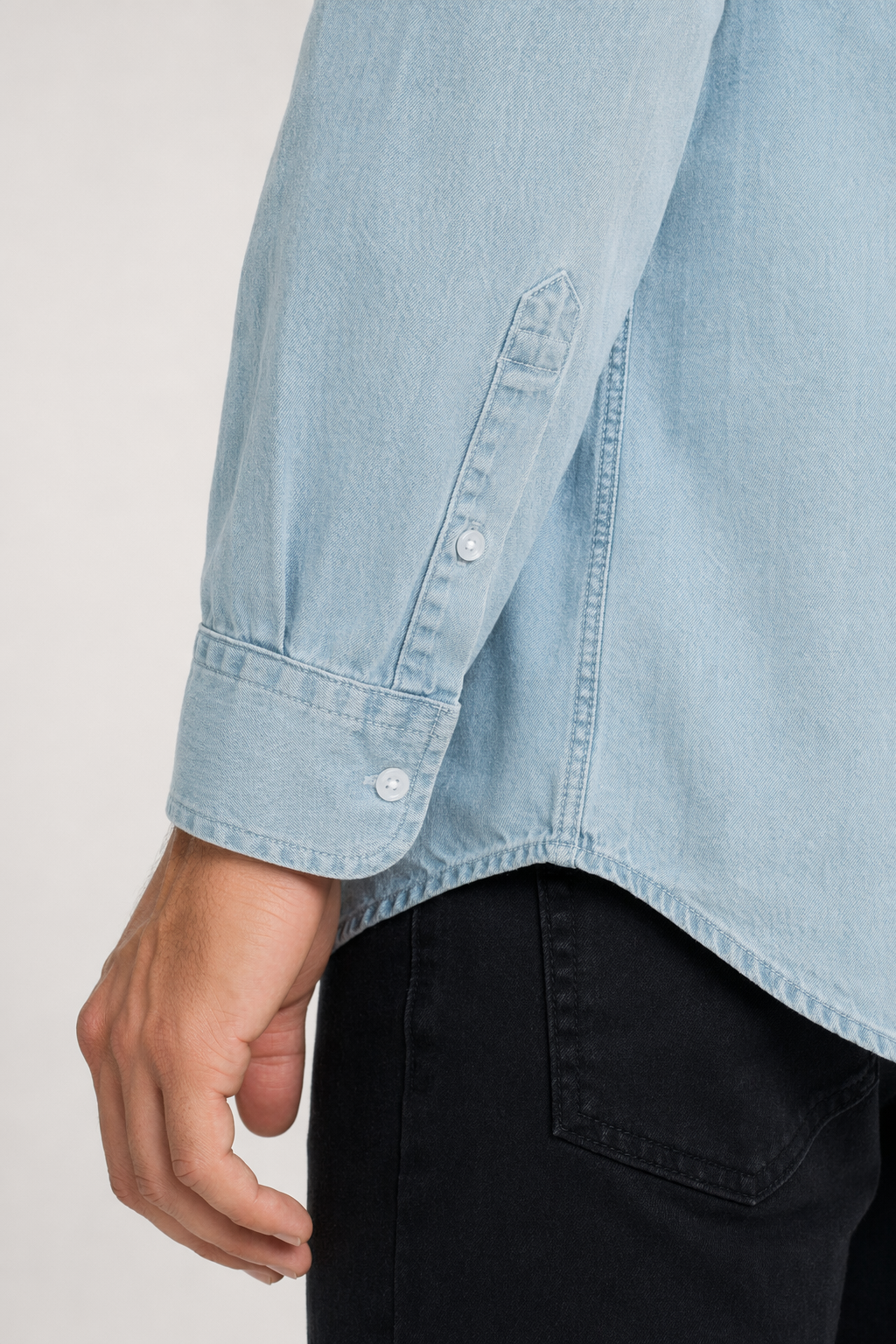 Long Sleeve Denim Shirt with Single Pocket for Men Light Blue