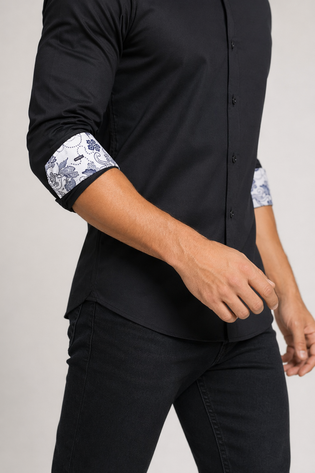 Flowery Inner Details Men's Button-Down Shirt Black