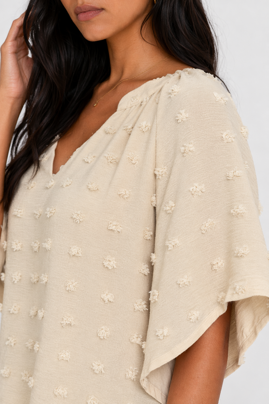 Women's Summer Top with Batwing V-Neck Design Beige