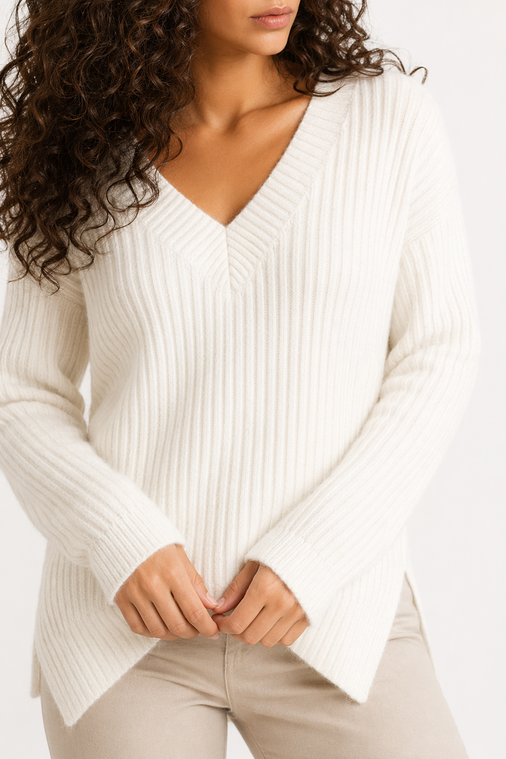 Ribbed Knit Sweater for Women with a V-Neck Design White