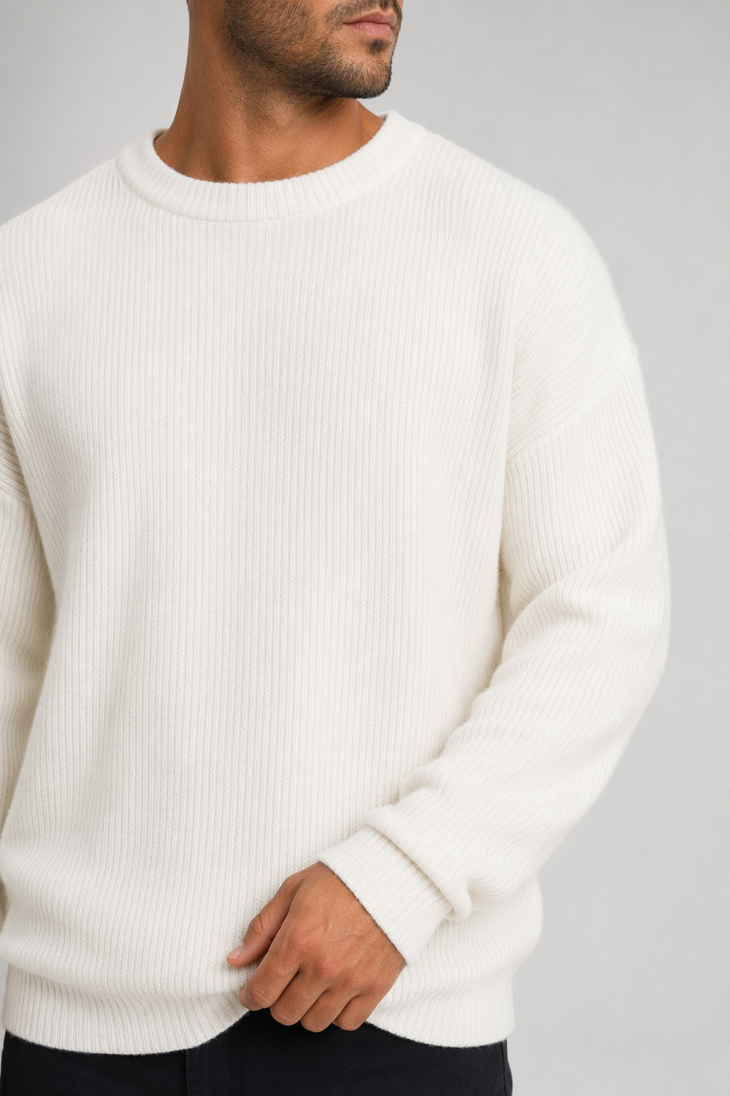 Loose-Fitting Crew Neck Sweater with a KPOP Vibe for Men White