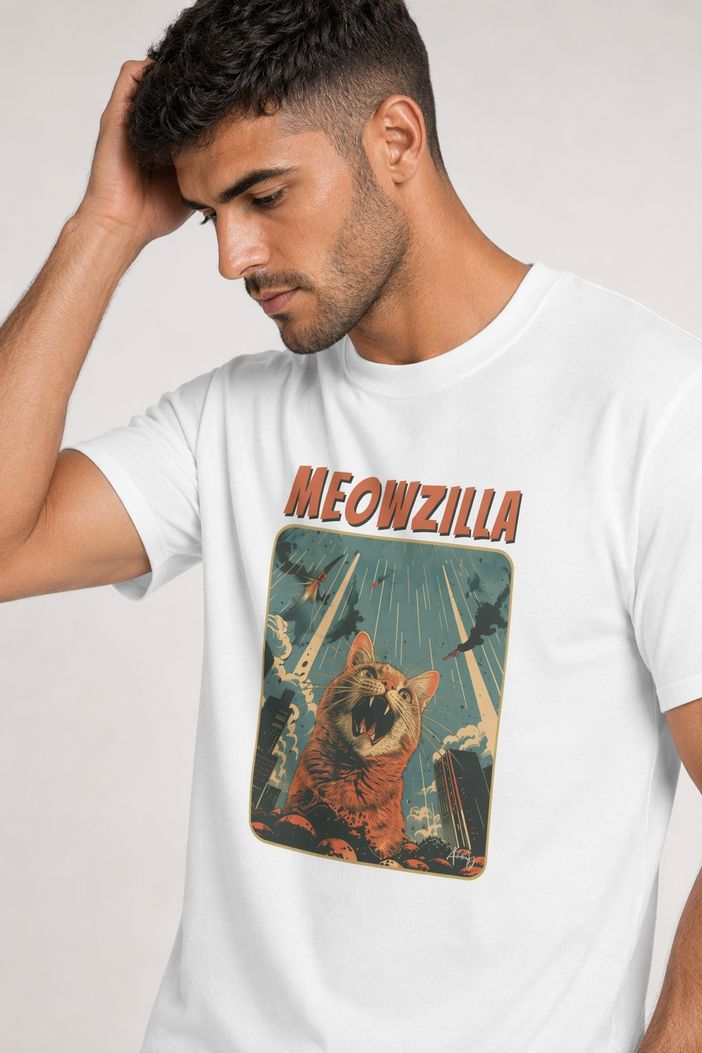 Meowzilla Retro Graphic Tee White