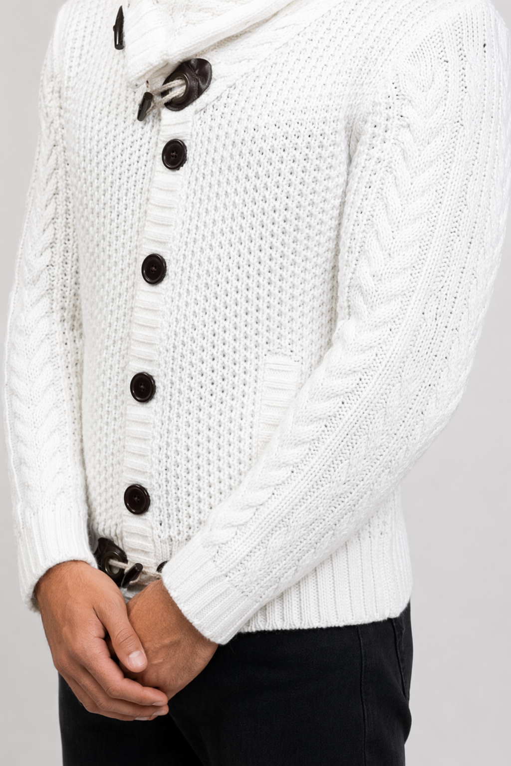 Horn Button Men's Cardigan with Shawl Collar White
