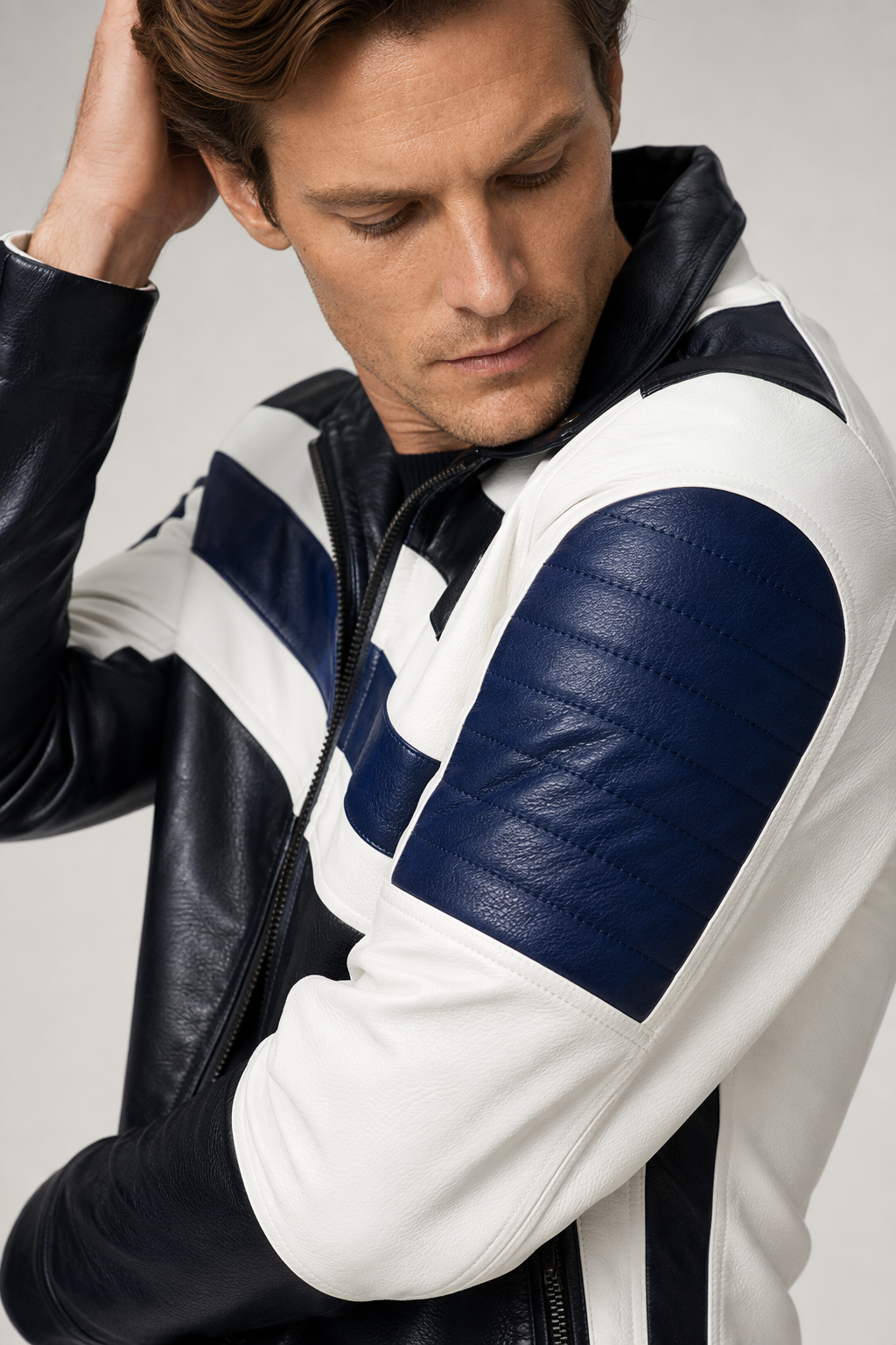 Striped Vegan Leather Biker Jacket for Men Navy