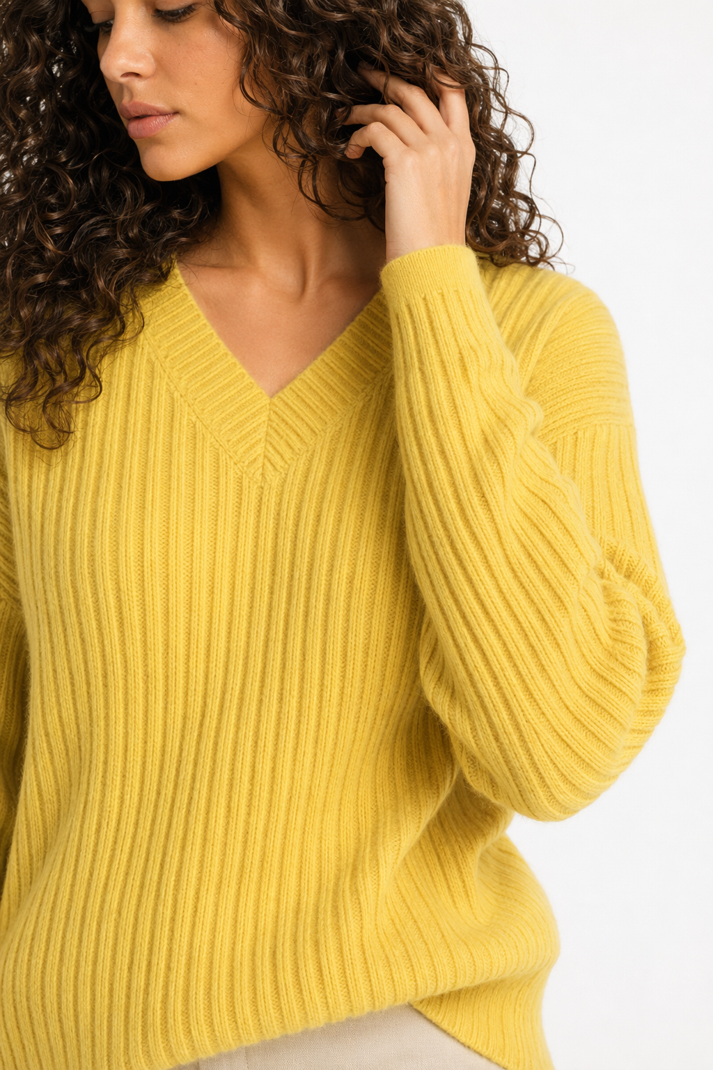 Ribbed Knit Sweater for Women with a V-Neck Design Yelow