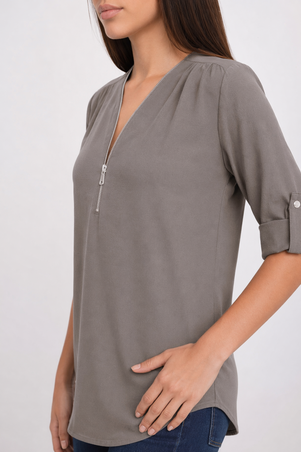 V Neck Blouse for Women with Trendy Urban Style Gray