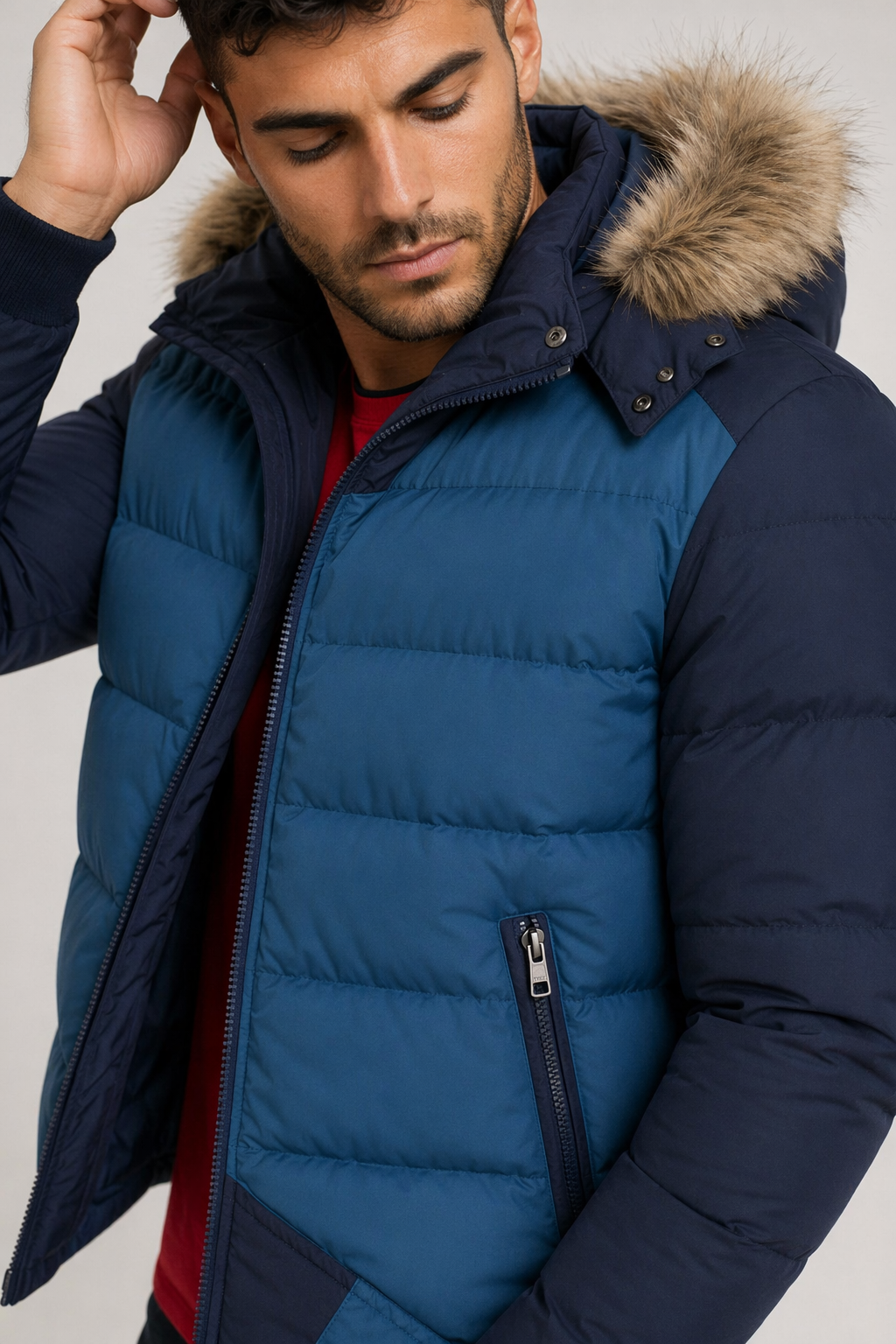 Removable Hooded Men's Two-Toned Quilted Jacket Blue