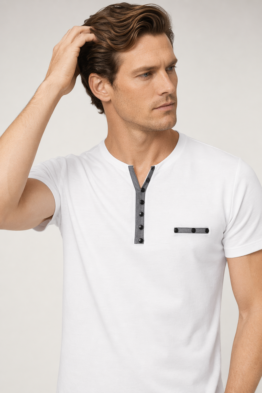 Slim Fit Men's T-Shirt with Button Embellishments for a Casual Look White
