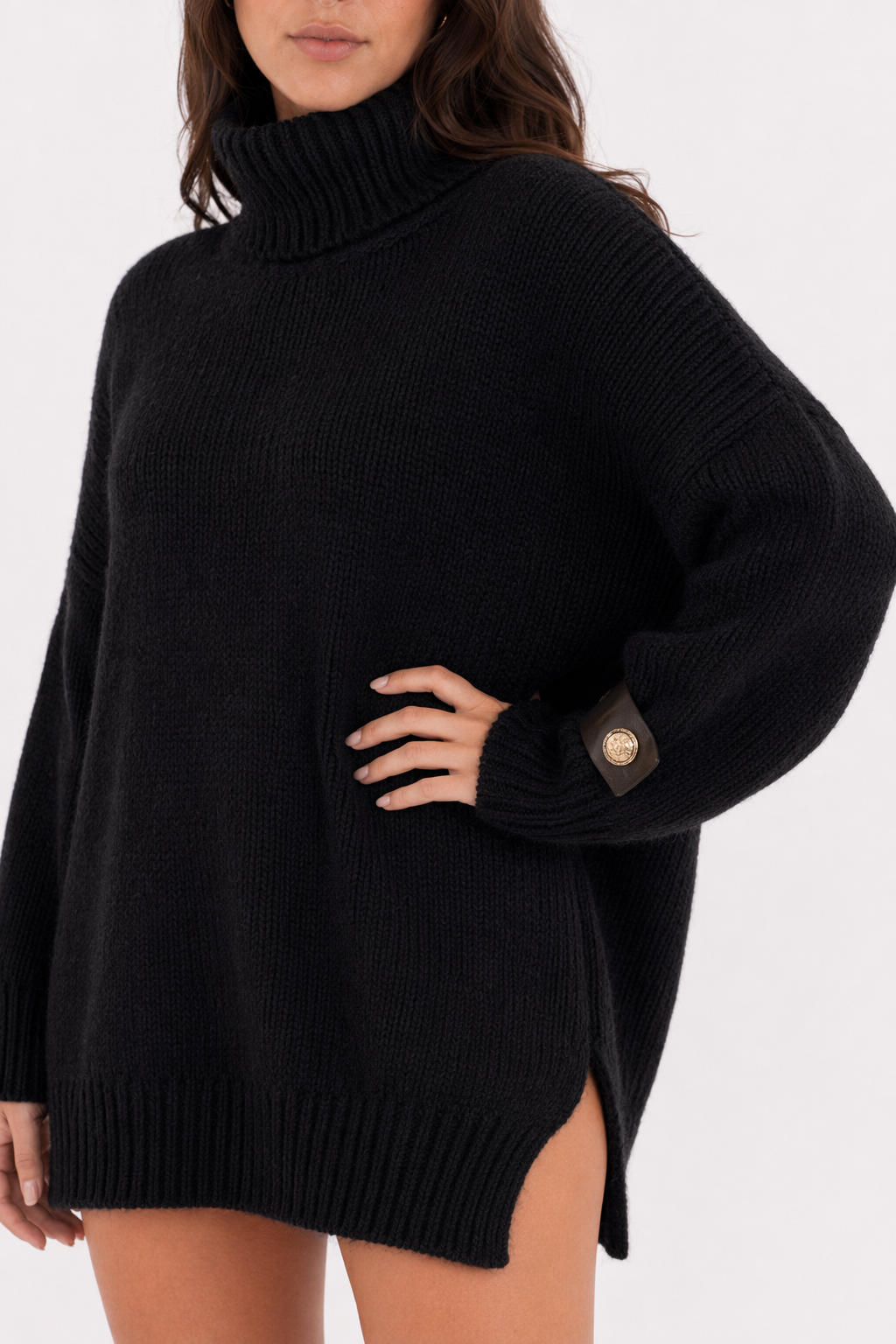 Women's Turtleneck Pullover with Sleeve Accents Black
