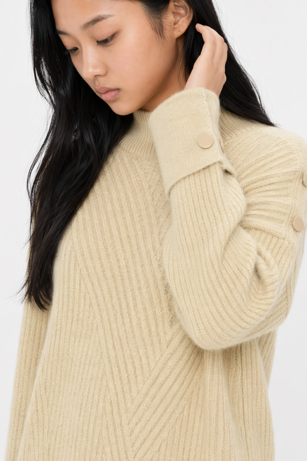 Button-Detailed Women's Sweater with a High Neckline Beige