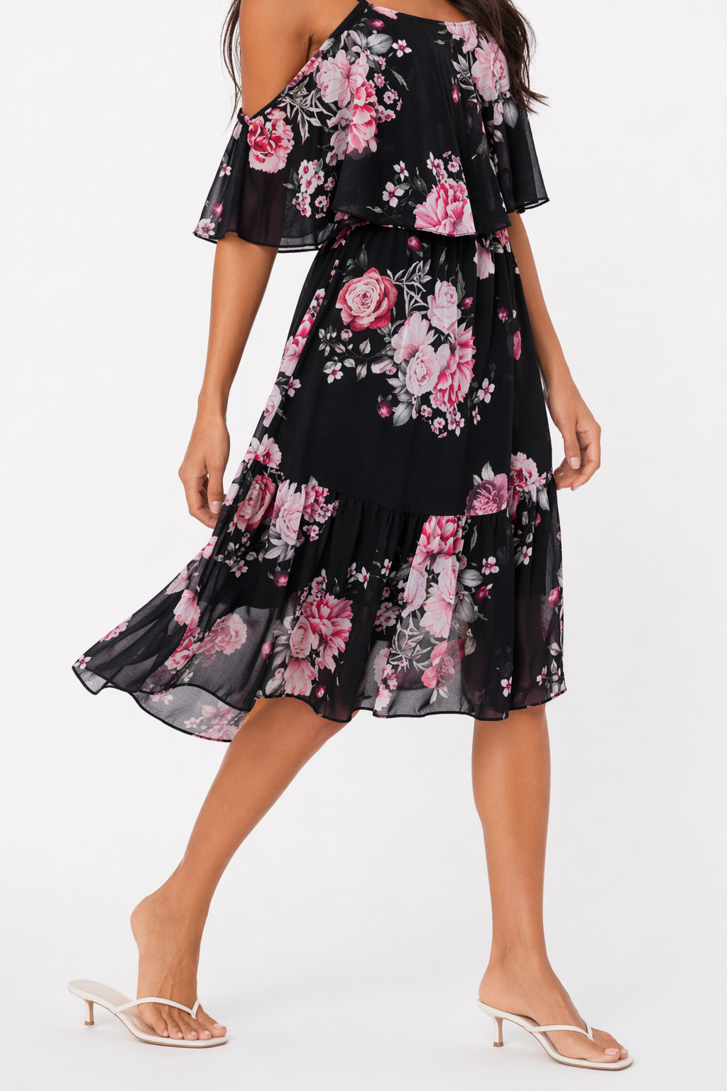 Chiffon Beach Dress with Ruffled Cold Shoulder for Women Black