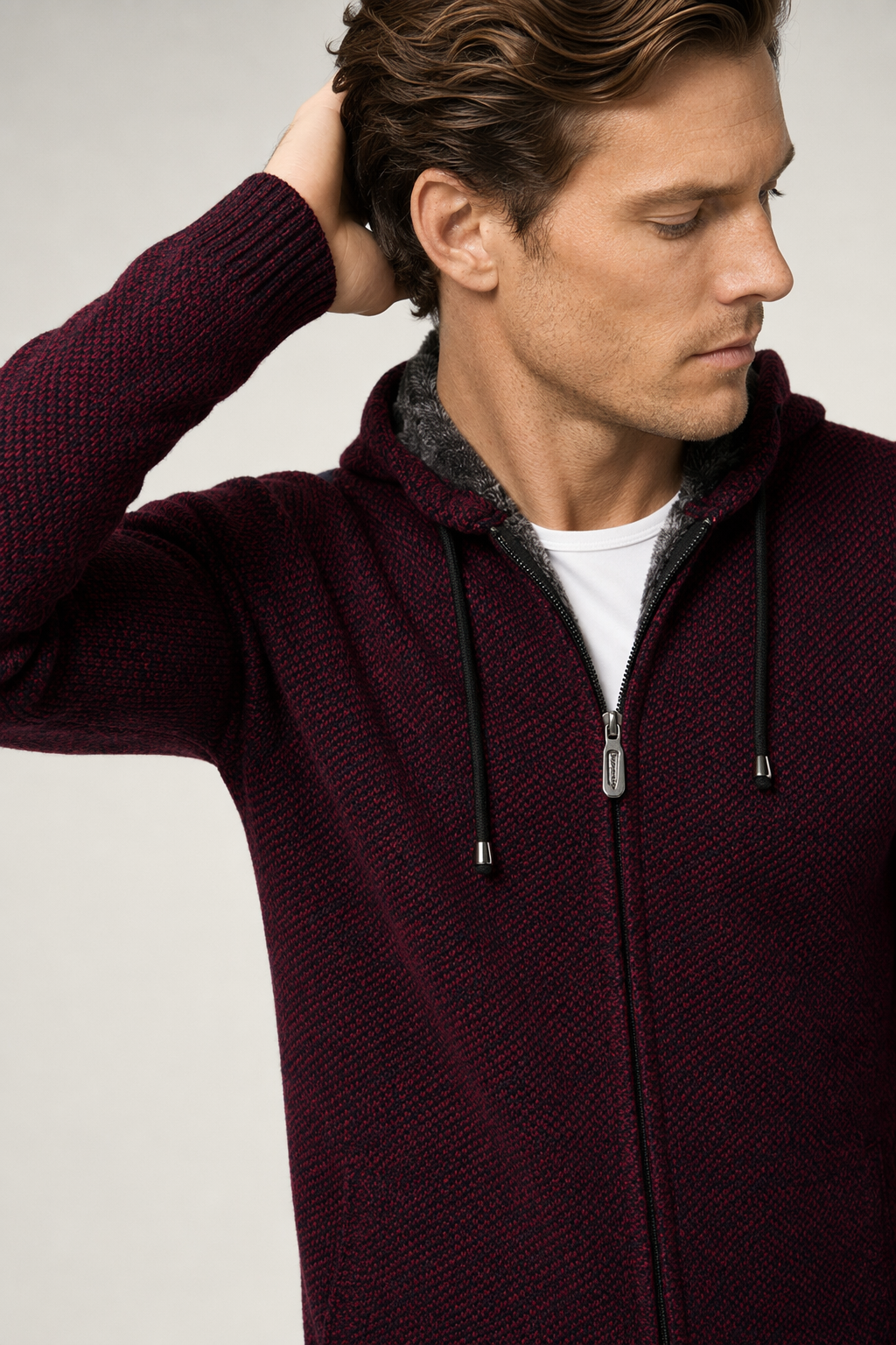 Red Wine Men's Zippered Hooded Jacket Default