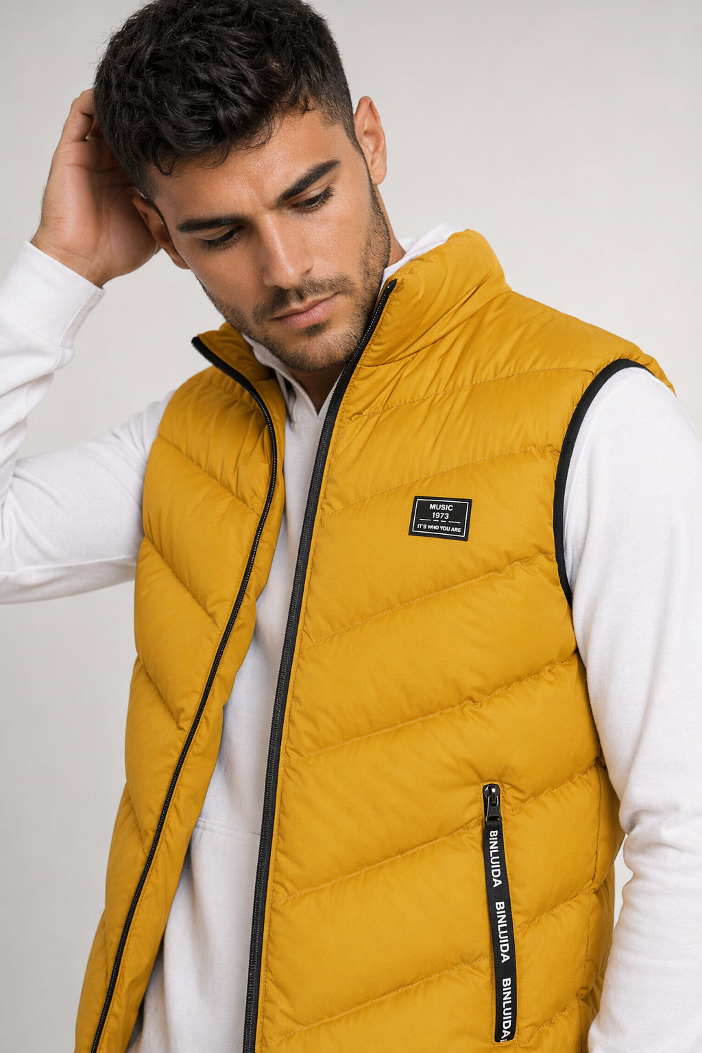 High Collar Puffer Vest for Men in Vibrant Yellow Default