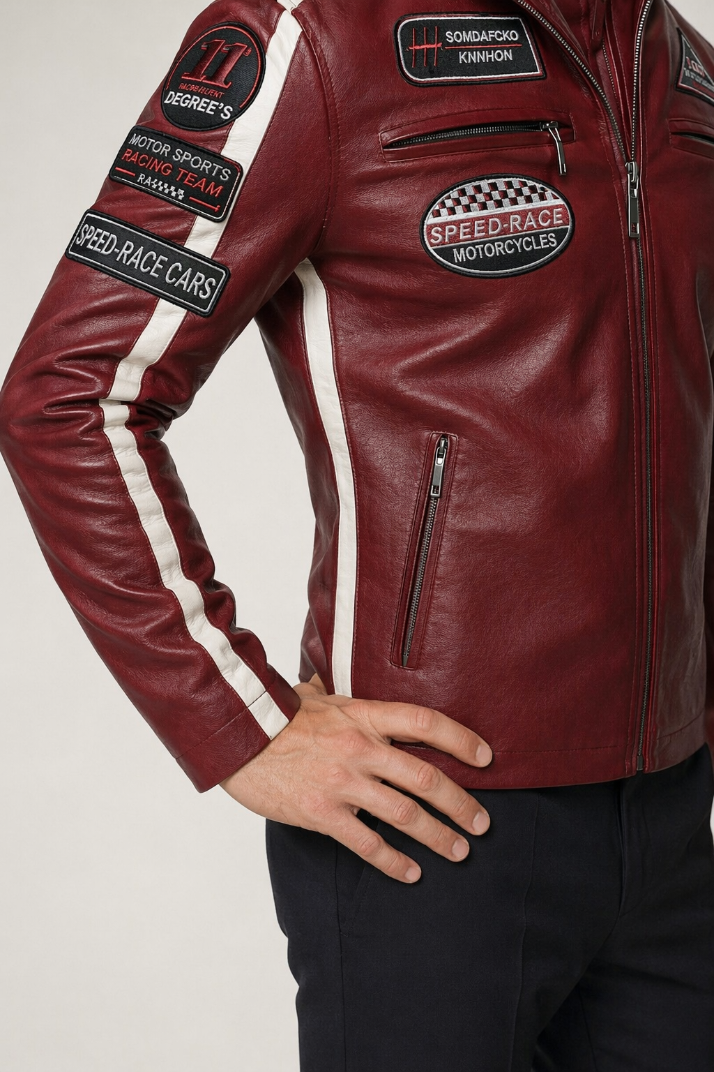 Vegan Leather Motorcycle Jacket with Embellishments for Men Red