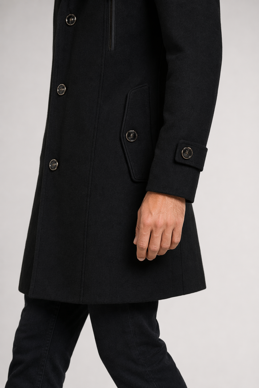 Layered Collar Mid Length Button Front Coat for Men Black
