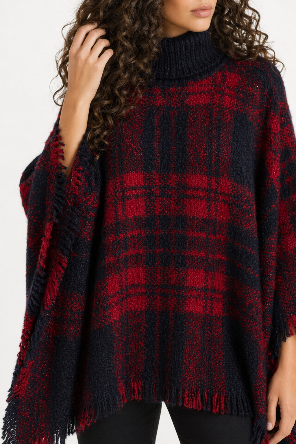 Turtleneck Poncho for Women Red