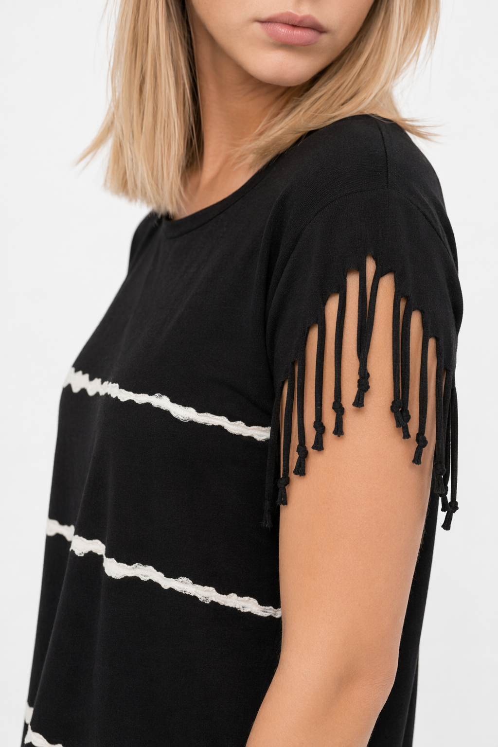 Fringed Striped Women's Top Black