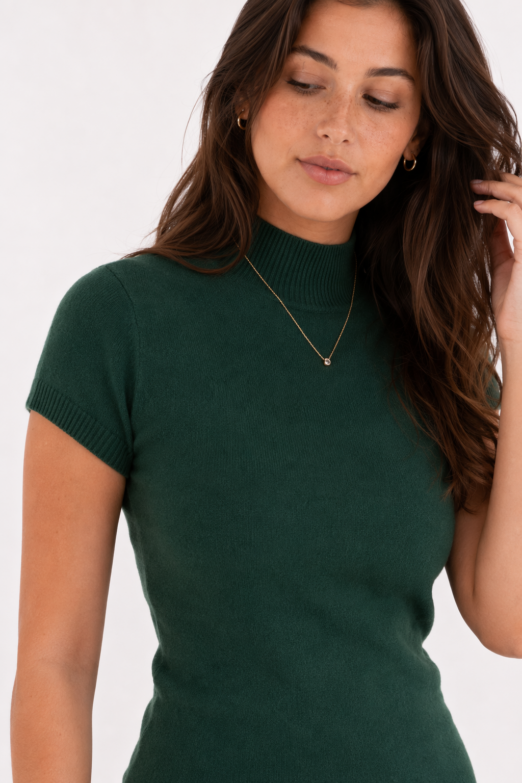 Slim Fitting Short Sleeve Turtle Neck Knitted Top for Women Green