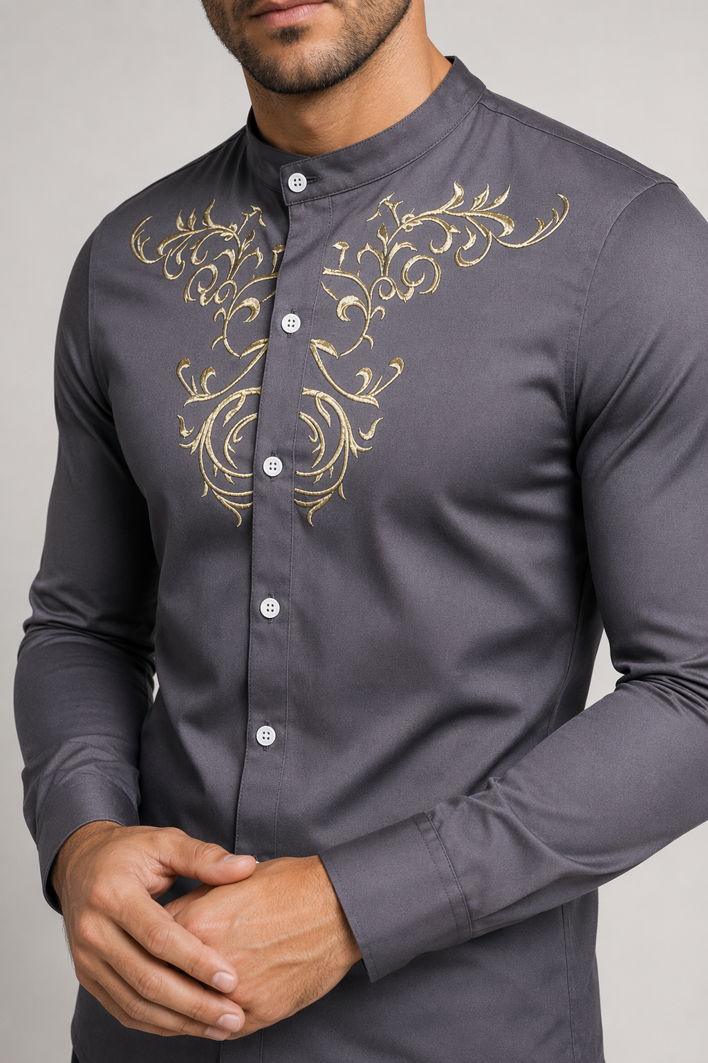 Slim Fit Men's Floral Embroidered Button Down Shirt Gray