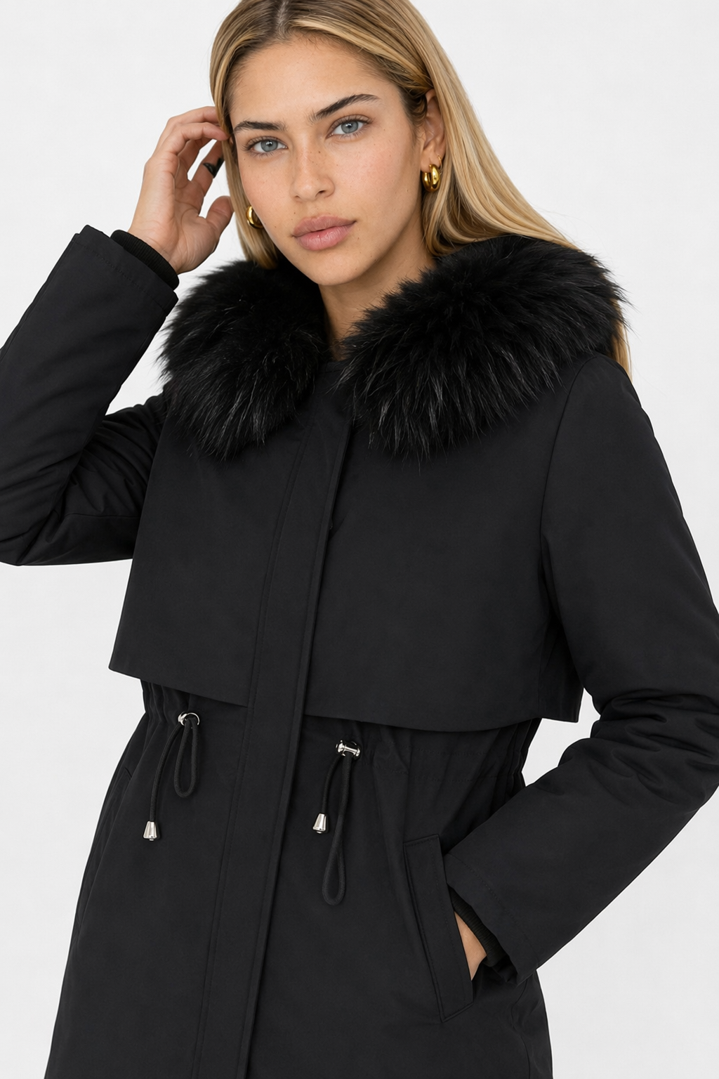 Detachable Faux Fur Lined Women's Long Coat with Hood Black