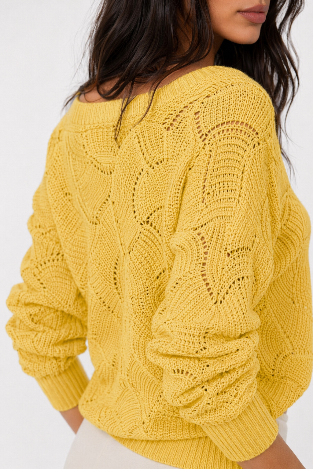 Open Knit Women's Sweater with a V-Neck Design Yellow