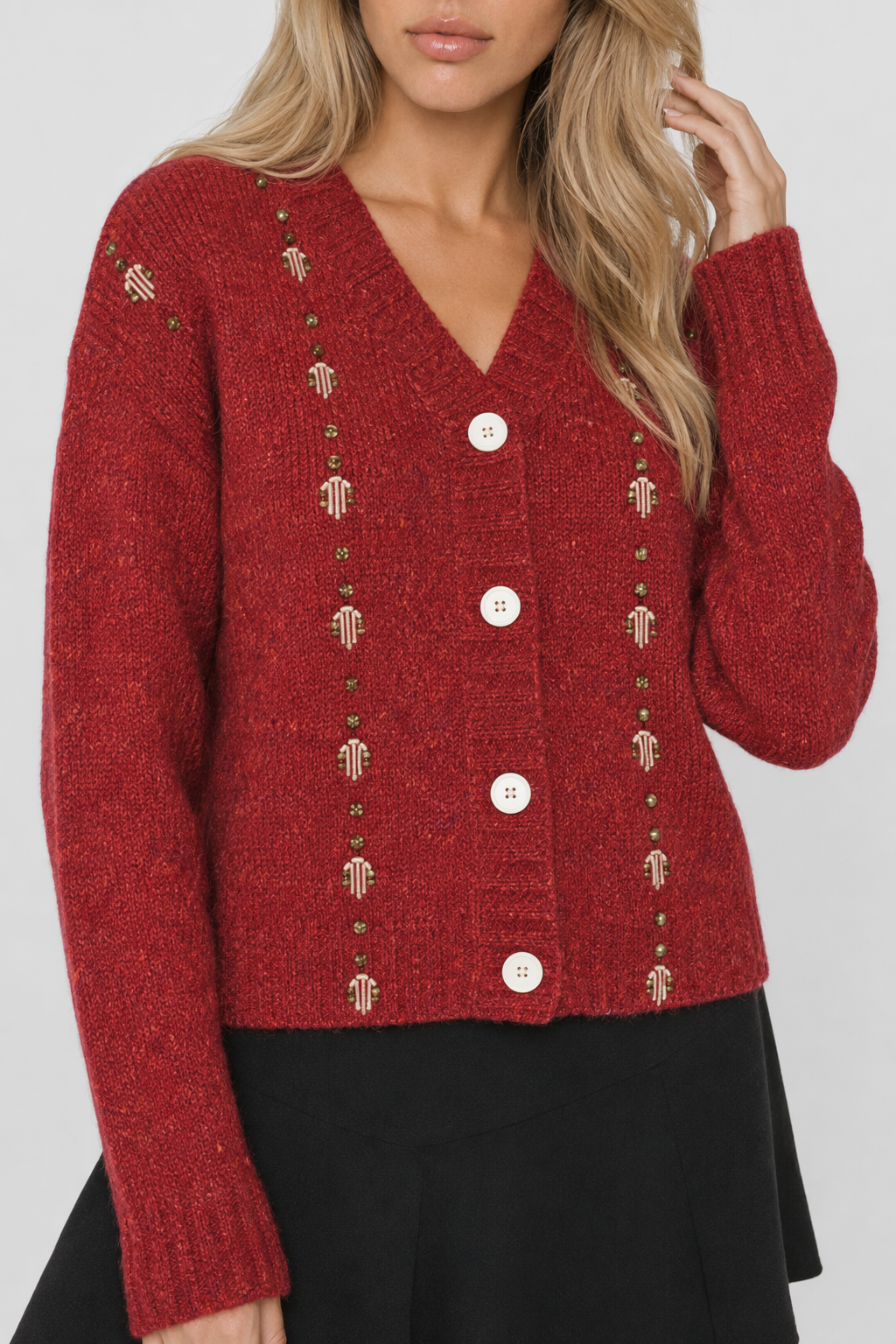 Button Front Sweater Cardigan for Women with a V-Neck Red