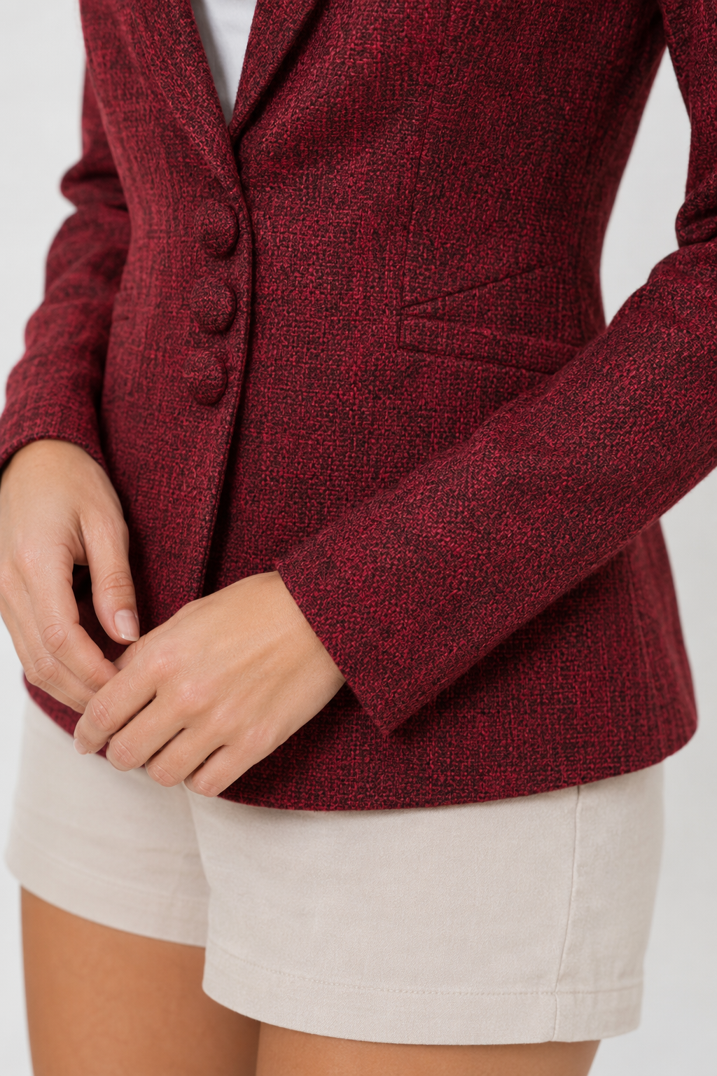 Three-Button Women's Blazer for a Sophisticated Business Casual Look Wine