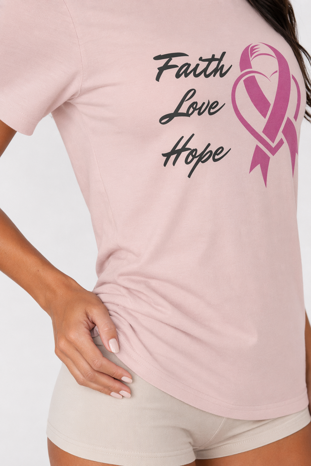 Pink Ribbon Theme T-Shirt - Embodying Faith, Love, and Hope Soft Pink