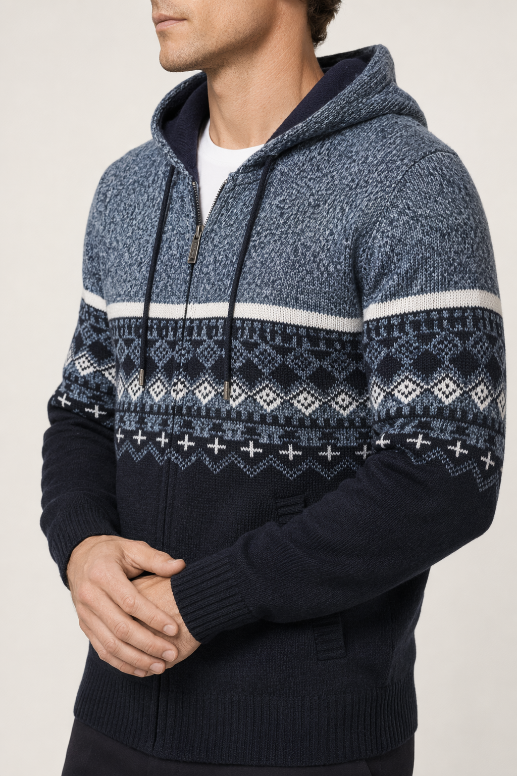 Printed Zip-Up Hooded Jacket for Men Blue