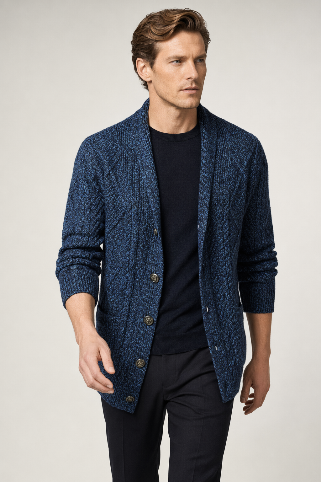 Shawl Collar Men's Cable Knit Cardigan Blue