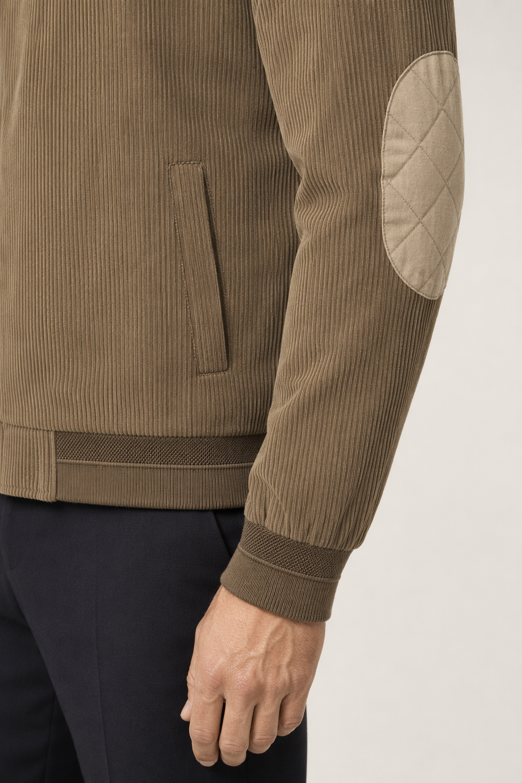 Winter Jacket with Elbow Patches and Zippered Collar for Men Khaki