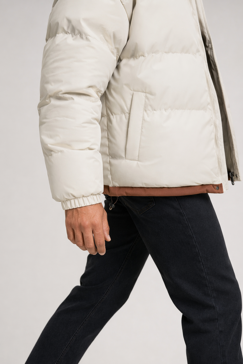Layered Appearance Men's Hooded Puffer Jacket Beige