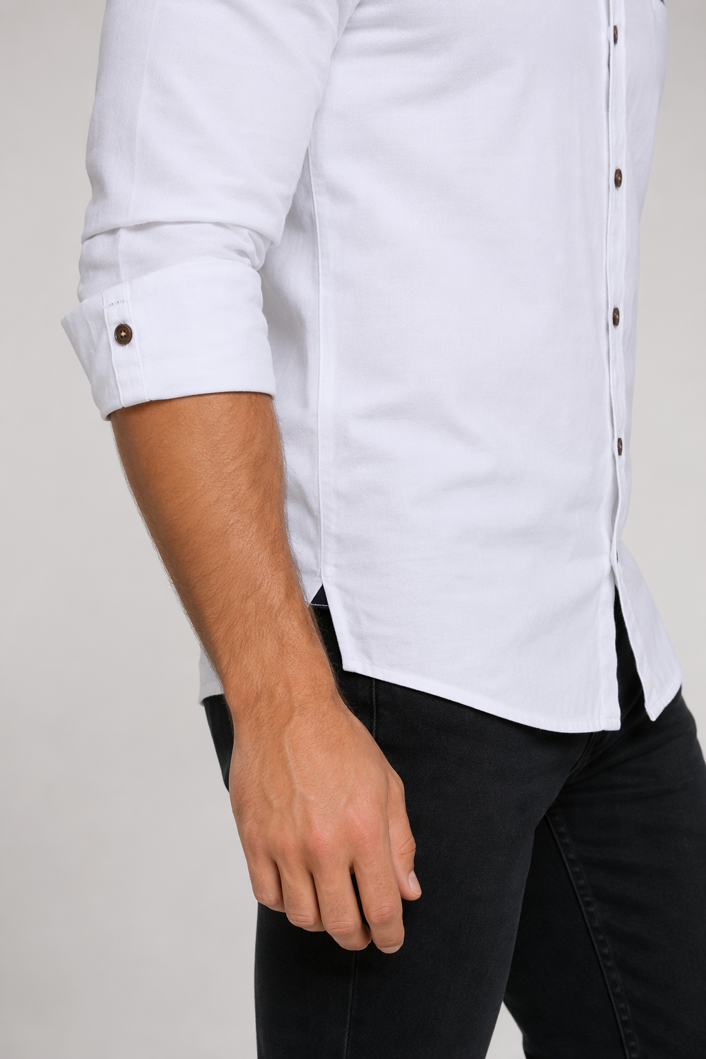 Long Sleeve Button Front Shirt for Men with Mandarin Collar White