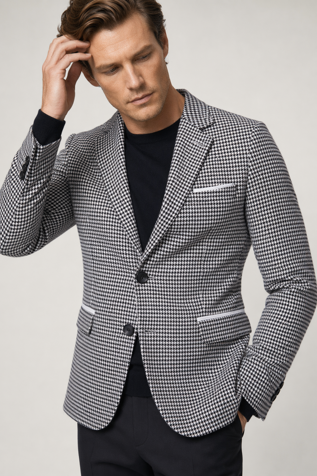 Houndstooth Pattern Men's Blazer Black