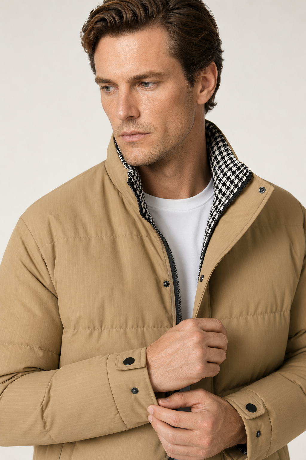 Houndstooth Quilted Jacket for Men Khaki